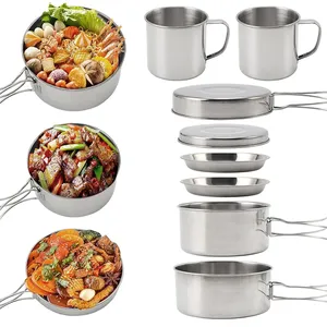 8 cái thép không gỉ <span class=keywords><strong>Cookware</strong></span> Set thiết kế hiện đại Bộ đồ ăn ngoài trời cho Cắm Trại Đi Bộ Đường Dài & Dã ngoại nồi Pan & Cup cho 2-3 người - Product Image 1