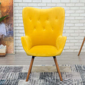 Phòng khách duy nhất giọng ghế cao trở lại Nhung Chần nút wingback giọng ghế với chân gỗ - Product Image 2