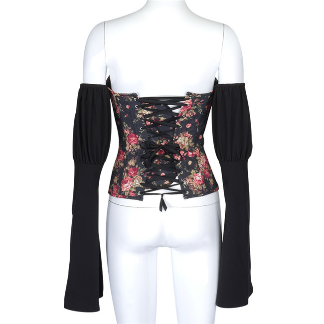 New women's long-sleeved halter strap printed denim corset top