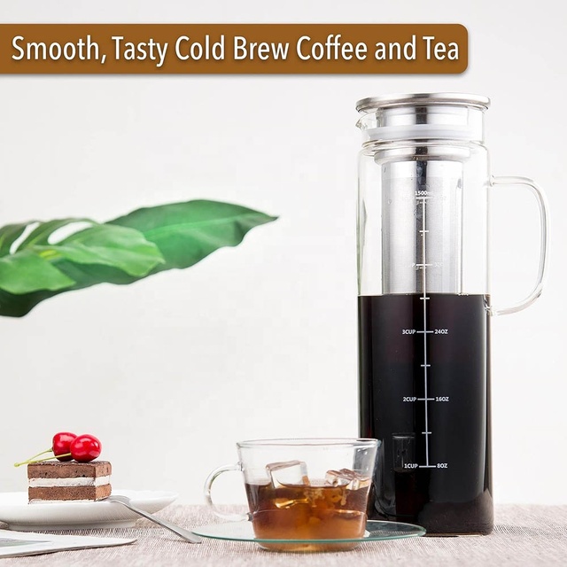 1000 / 1500ml Heat-Resistant Glass Cold Brew Coffee Maker with Removable SS Infuser Filter, Iced Tea Maker with 2 Way Lid