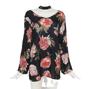 Manga Comprida Bloem Blouses Lange Mouw Print Chiffon Chocker Shirt V-Hals Trui Tuniek Tops Plus Maat 3xl