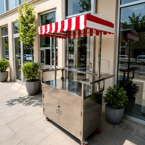 Chariot alimentaire mobile personnalisé en acier inoxydable avec auvent rayé rouge et blanc et roulettes avec armoire de rangement - Product Image 1