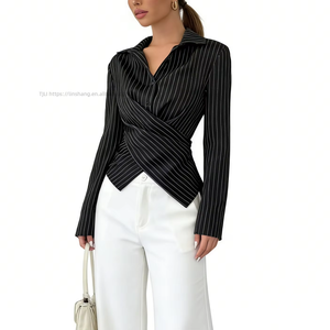 Women's Striped Wrap Front Blouse Long Sleeve Collared Shirt With Back Tie Detail Casual Office <b>Top</b> Fashion - Product Image 2