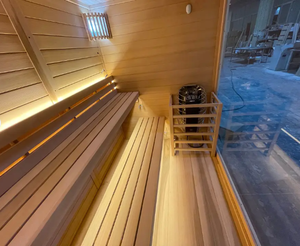 Moderna Cabina de Sauna de Madera para Exteriores con Calefacción Eléctrica, Diseño de Madera Sólida, Estilo Escandinavo con Puerta de Vidrio y Taburete de Madera - Product Image 6