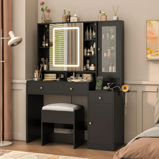 Modern Vanity with Sliding Mirror Door and LED Light Makeup Vanity with Built-in Charging Station Makeup Vanity Desk