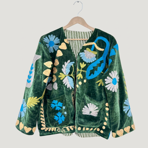 Manteau en velours vert brodé floral, manches longues, style bohème, grande taille, vêtement d'extérieur décontracté pour femme, col en V, épaules tombantes, automne - Product Image 1