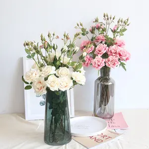 Günstige Rose künstliche Seide rosa Blumen 3 Köpfe für Hochzeits dekoration