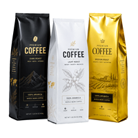 Sachet de café personnalisé avec valve, noir, blanc, doré, à soufflet latéral, emballage premium pour café en grains entiers torréfiés