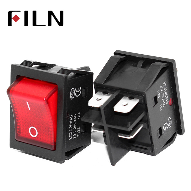 Filn 110V-220V 15A 22x30mm Heavy Duty Rocker Switches ON-OFF 4Pins with Silver & Black Seat Button & Green LED Small Size