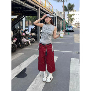 Moda de verano 2025, pantalones vaqueros recortados para mujer, silueta roja Retro americana, línea brillante, corte asimétrico, pierna ancha, delgada - Product Image 3