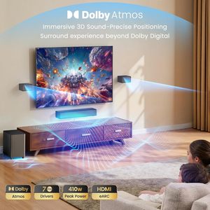 Barre de son 5.1 canaux avec Dolby Atmos, avec caisson de basses sans fil et 2 <span class=keywords><strong>enceintes</strong></span> surround, système audio surround Bluetooth 410W - Product Image 2
