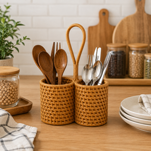 Handwoven Wood Eco-Friendly Sustainable Lightweight Cutlery <b>Holder</b> Double Compartment <b>Kitchen</b> <b>Utensil</b> Organizer for Dining Table - Product Image 2