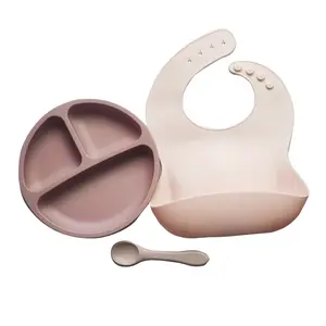 Benutzer definiertes Logo bpa kostenlos Öko Saugnäpfe Tasse Lätzchen Löffel Platte Säugling Silikon Baby Fütterung sset für Kinder Essen