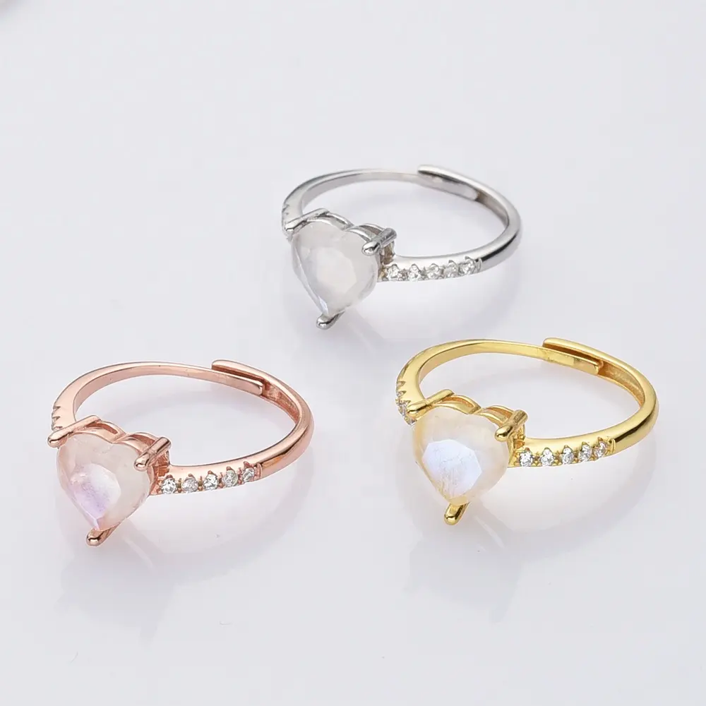 SS232 Wholesale Moonstone Heart Shaped Rings Jewelry Gold 925 Sterling Silver Diamond Wedding Pink Heart Ring For Women