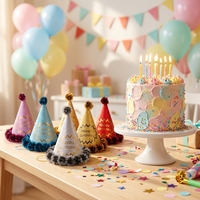 Chapeaux coniques en papier brillants pour anniversaire, petits, en carton nacré, avec pompons en guirlande et cordon élastique, vente en gros