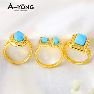Turquoise Adjustable Wedding Rings 21k Copper Gold Plated Vintage Rings Jewelry for Dubai Middle East Womens - Product Image 5