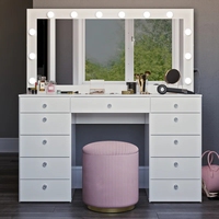 Grande table de maquillage LED avec enceintes Bluetooth, lumières, ports USB et prise de courant, et 11 tiroirs