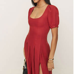 Vestido Midi de Algodón Lavable de Alta Calidad con Mangas Farol Tejidas Rojas de Marca Privada, Cintura Natural, OEM/ODM - Product Image 2