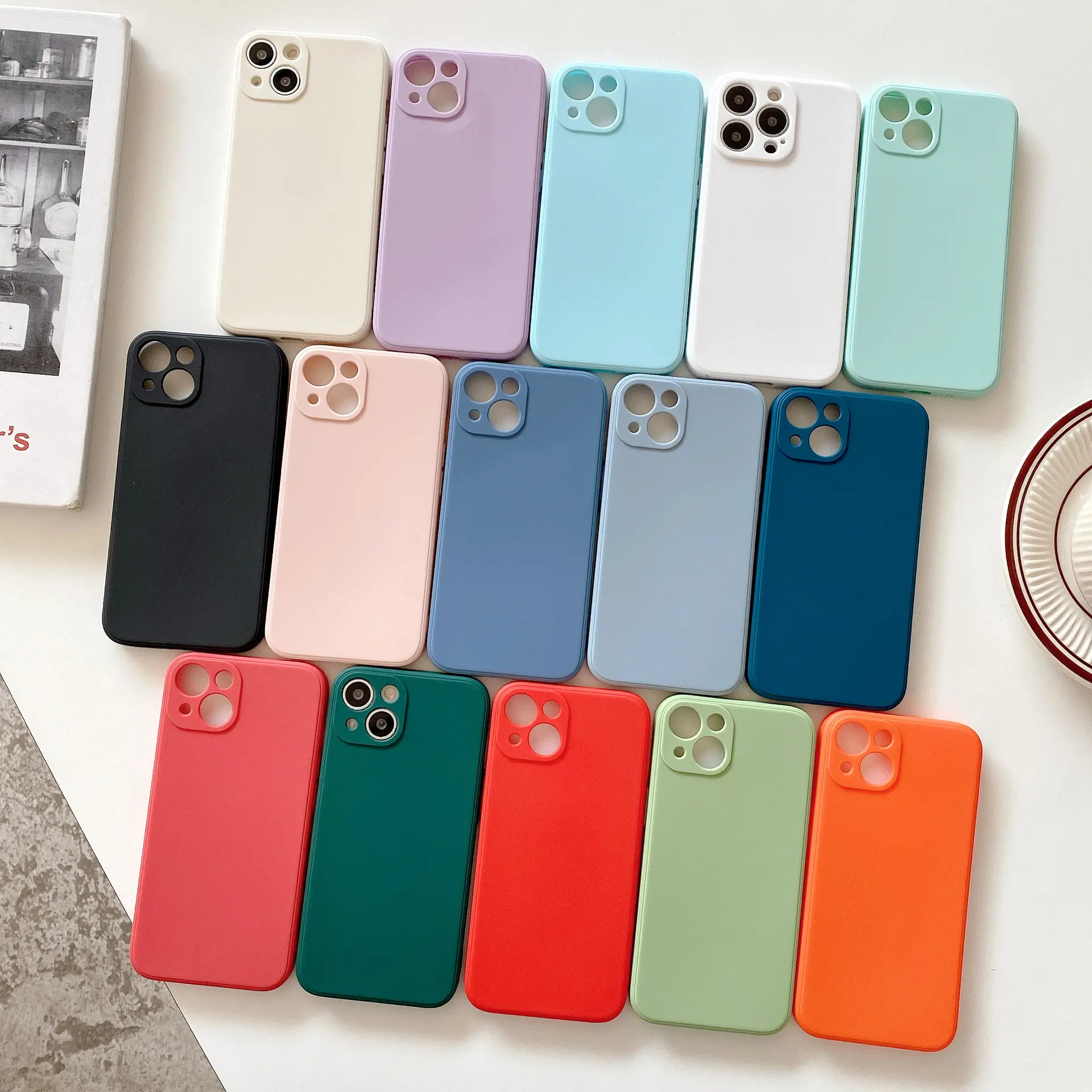 Casing ponsel silikon kotak warna polos, casing pelindung kamera untuk iPhone 15 14 13 12 11 Pro Max X XS XR 7 8 Plus SE2 SE3
