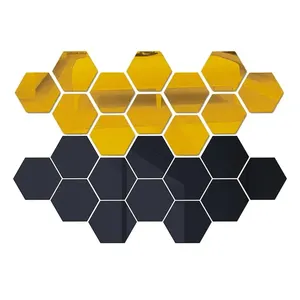 Vente en gros de forme hexagonale acrylique auto-adhésif noir pour décoration de salon rectangle 3D pour murs adhésifs miroir doré avec miroir