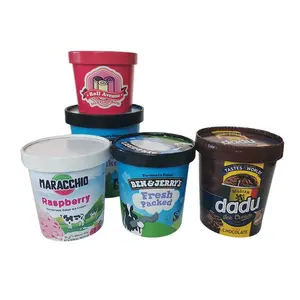 Embalagem de sorvete de sobremesa de papel ecológico com impressão personalizada, copo de papel para reciclagem e fabricação com tampa e colher plana