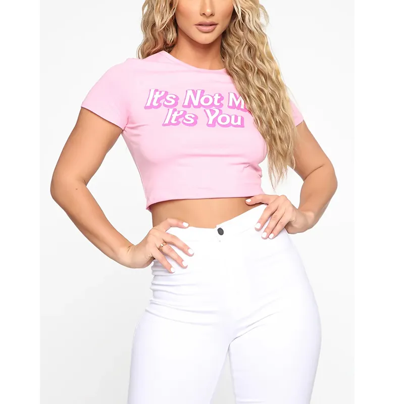 Custom Slogan Screen Print Sexy Cropped T Shirt Women Soft Cotton Spandex Baby Pink graphic Crop Tee