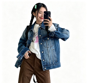 Cappotto in Denim Retrò da Donna per Primavera, Stile Coreano con Colletto, Giacca Larga e Casual Effetto Lavato, Abbigliamento Femminile alla Moda - Product Image 2