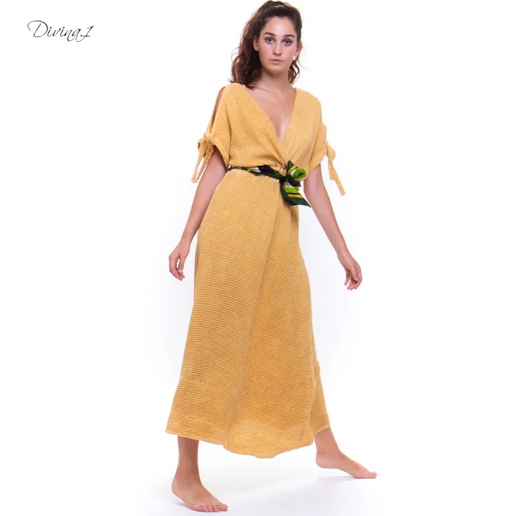 ผู้หญิงอินเทรนด์เสื้อผ้า Bohemian สีเหลืองผู้หญิงชุดผ้าลินิน