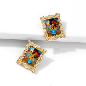 Pendientes Rectangulares Martillados <span class=keywords><strong>de</strong></span> Acero Inoxidable con Diseño Geométrico <span class=keywords><strong>de</strong></span> <span class=keywords><strong>la</strong></span> Mona Lisa y Girasol, Estilo Vintage - Product Image 5