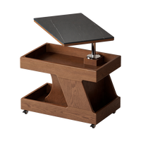 Table basse en bois massif de style mid-century moderne avec plateau en pierre rotatif et rangement dissimulé, réglable et mobile BJ058