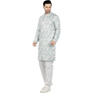 Triloki Men's <b>Long</b> Kurta Printed 100% Cotton Poplin Breathable <b>Eid</b> Diwali Festival Wear - Product Image 3