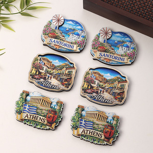 Aimant de réfrigérateur en bois époxy personnalisé, usine OEM ODM, Santorin Athènes Miami Varsovie, souvenir de voyage, autocollant magnétique, livraison rapide - Product Image 1