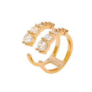 Open Ring Simple Double Ring Fashion Brass Gold Plated Zircon Ring