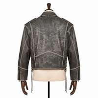 Blouson court pour femme en peau de mouton écologique, style motard, couleur anthracite, effet délavé et vieilli, avec fermeture éclair asymétrique et lacets latéraux, personnalisable