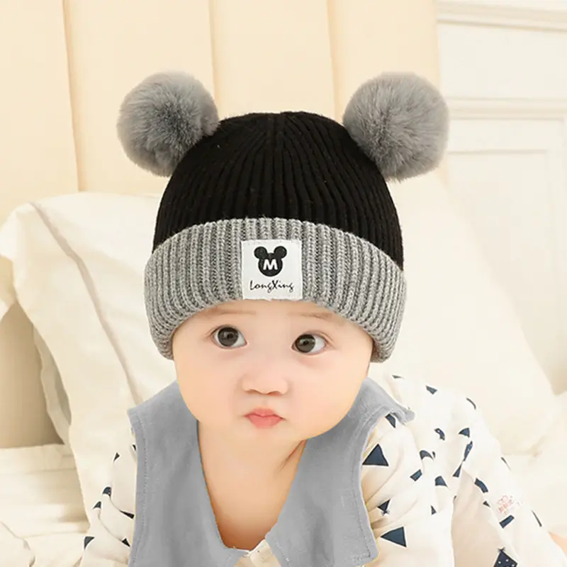 Topi Beanie Bayi, Topi Beanie Musim Gugur dan Musim Dingin 0-12 Bulan 1-3 Tahun Anak Laki-laki Perempuan Bayi Balita Hangat Lucu Wol Bib Topi Pom Pom