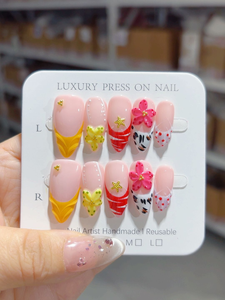 Uñas Francesas Acrílicas Hechas a Mano con Diseño de Leopardo Amarillo <span class=keywords><strong>y</strong></span> <span class=keywords><strong>Rojo</strong></span>, Flores 3D <span class=keywords><strong>y</strong></span> Estrellas Doradas, Cobertura Completa, Venta al Por Mayor, <span class=keywords><strong>Manicura</strong></span> Moderna - Product Image 1