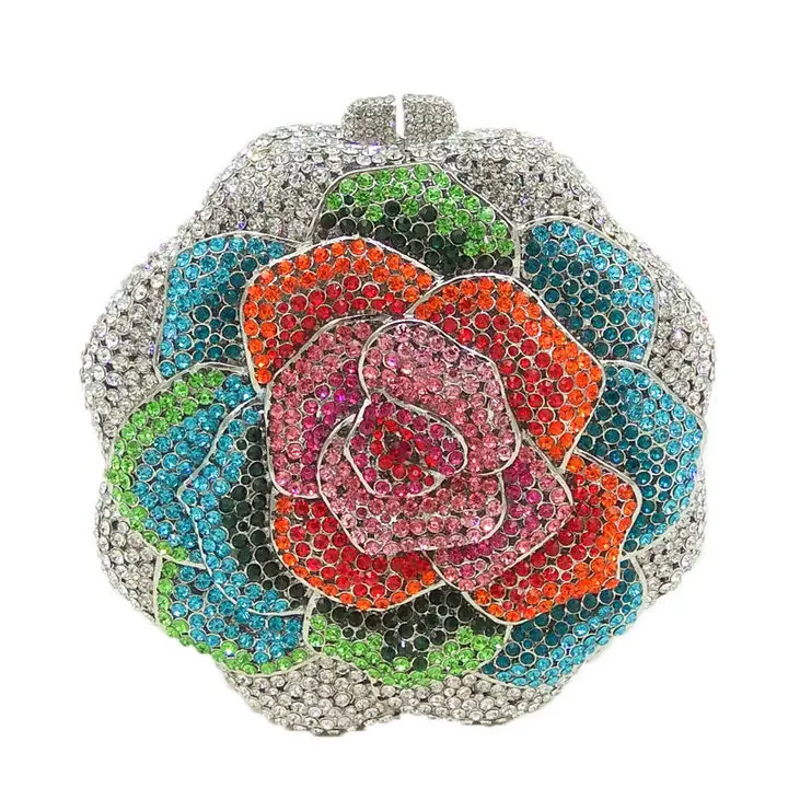 Fashion bling crystal rhinestone flower roses shape diamond clutch purse handbag