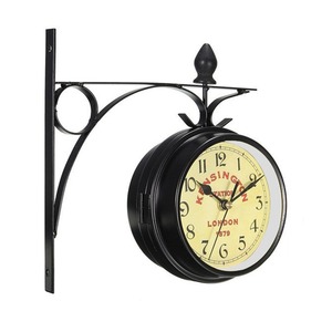 Vintage Double Sided <b>Wall</b> <b>Clock</b> Metal Station Style Hanging <b>Clock</b> <b>Black</b> Round Needle Display for Indoor Outdoor Decor - Product Image 2