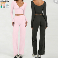 Ensemble de yoga pour femmes, col en V, haut court à manches longues et pantalon large, tissu respirant, idéal pour la gym, la course à pied et les entraînements