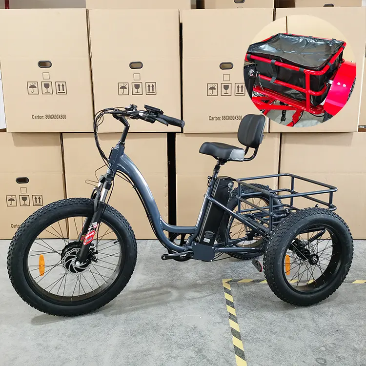 도매 세 바퀴화물 Ebike 20 인치 성인 48V 500W 모터 지방 타이어 전기 세발 자전거 3 륜 전기화물 자전거