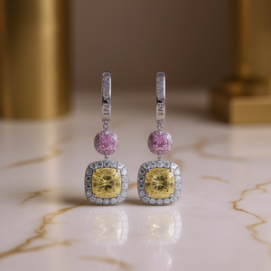 Orecchini Unequallo E1350 in Oro Bianco con Diamanti Taglio Cushion Giallo Fantasia Certificati GIA, Gioielli di Lusso da Donna per Matrimonio - Product Image 2