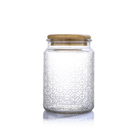 Conteneur de stockage alimentaire en verre de cuisine de 500 ml, design en relief, boîte à épices Mason, boîte à biscuits, boîte à bonbons avec couvercle en bambou, couvercle en bois, vente en gros