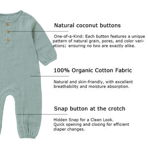 Mameluco de Muselina 100% Algodón Orgánico para Bebé, Manga Larga, Cierre de Broches en la Entrepierna, con Botones de Coco Natural - Product Image 3