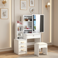 Table de toilette moderne en MDF Banitis avec miroir amovible pleine longueur, éclairage LED, tiroir et rangement