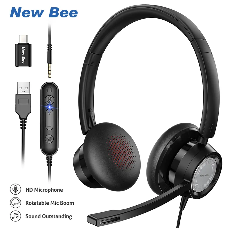 Großhandel New Bee Premium Kabel gebundene Büro kopfhörer Call Center USB-Headset mit Mikrofon für PC/Computer/Laptop