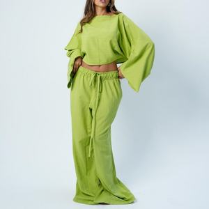 Conjunto de Dos Piezas de Lino y Algodón de Verano para Mujer, de Alta Calidad, con Mangas Abullonadas y Pantalones Holgados - Product Image 3