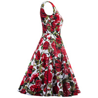 Gaun Vintage Wanita Model Terompet Tanpa Lengan dengan Kerah V yang Menawan dan Cetak Bunga Mawar Besar yang Elegan.