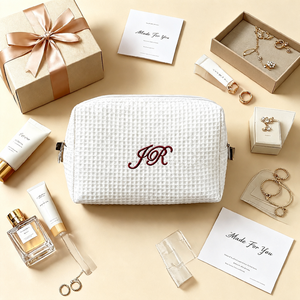 Bolsa de Maquillaje de Algodón Tipo Waffle, Bolsa Cosmética con Bordado Personalizado y Borla, Bolsa de Aseo Portátil para Viajes, para Mujeres, Uso Diario y Vacaciones - Product Image 3