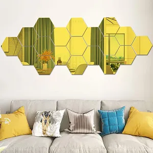 Benutzerdefinierte Wand Hexagon Aufkleber Acryl Dekorative Spiegel Panels Nicht Glas Schlafzimmer Wohnzimmer Bad 2mm Gold Acryl Spiegel