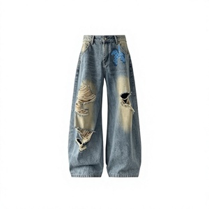 Jean en denim déchiré à jambe large pour homme, taille haute, patchwork, streetwear, coton mi-lourd, coupe ample, printemps - Product Image 2